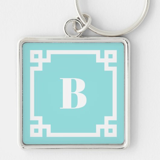Preppy Square Greek Key Border Aqua Blue Monogram キーホルダー (正面)