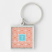 Preppy Square Lattice Monogram - Coral & Turquoise キーホルダー (正面)