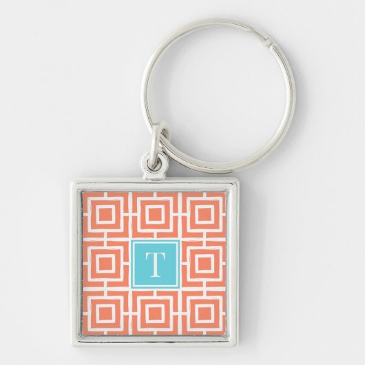 Preppy Square Lattice Monogram - Coral & Turquoise キーホルダー (正面)