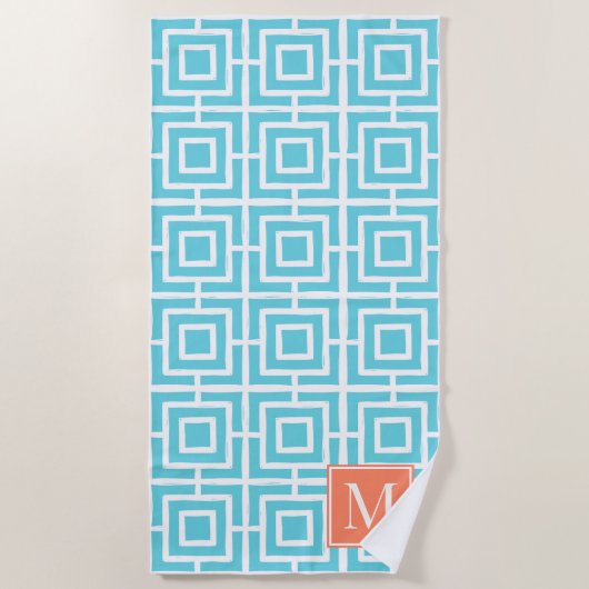 Preppy Square Lattice Monogram - Coral & Turquoise ビーチタオル (正面)