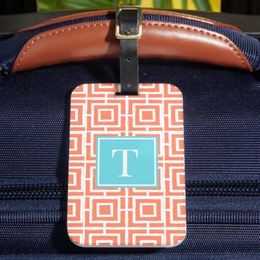 Preppy Square Lattice Monogram - Coral & Turquoise ラゲッジタグ (正面インサイチュ2)