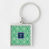 Preppy Square Lattice Monogram - Green & Navy キーホルダー (正面)