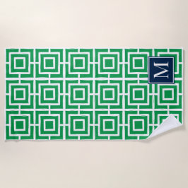 Preppy Square Lattice Monogram – Green & Navy ビーチタオル