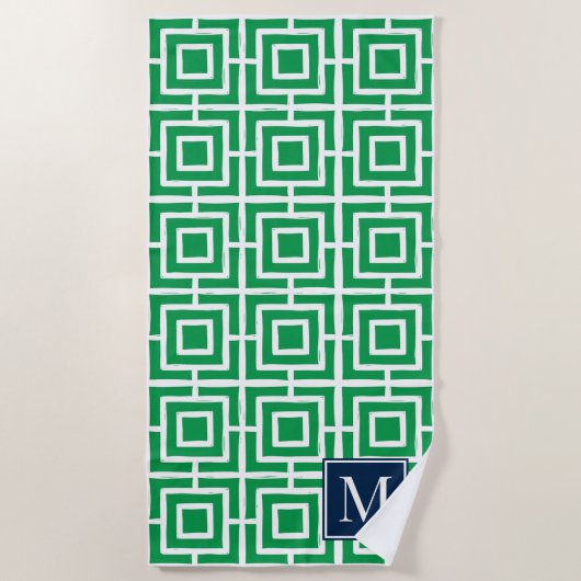 Preppy Square Lattice Monogram – Green & Navy ビーチタオル (正面)