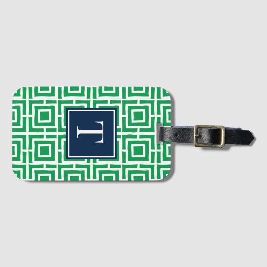 Preppy Square Lattice Monogram - Green & Navy ラゲッジタグ (正面横)