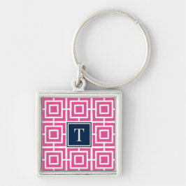 Preppy Square Lattice Monogram - Hot Pink & Navy キーホルダー