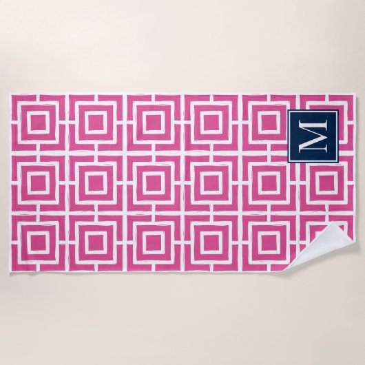 Preppy Square Lattice Monogram – Hot Pink & Navy ビーチタオル (正面)