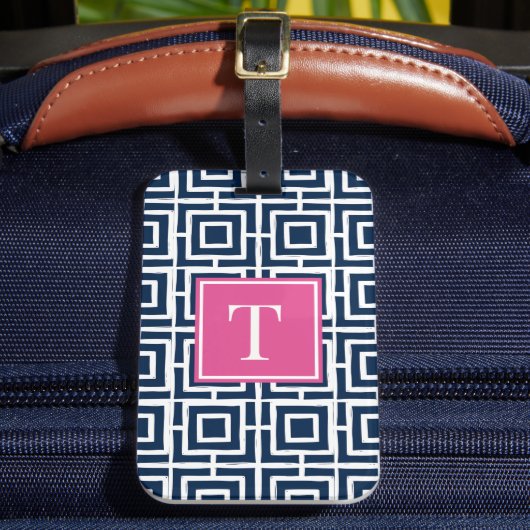 Preppy Square Lattice Monogram – Navy & Hot  Pink ラゲッジタグ (正面インサイチュ2)