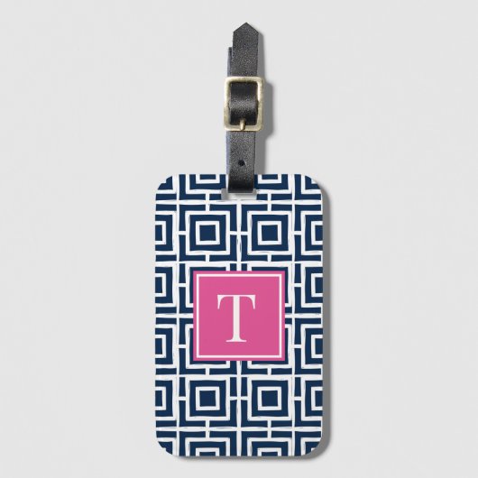 Preppy Square Lattice Monogram – Navy & Hot  Pink ラゲッジタグ (正面縦)