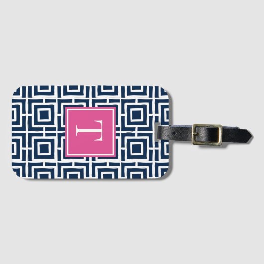 Preppy Square Lattice Monogram – Navy & Hot  Pink ラゲッジタグ (正面横)