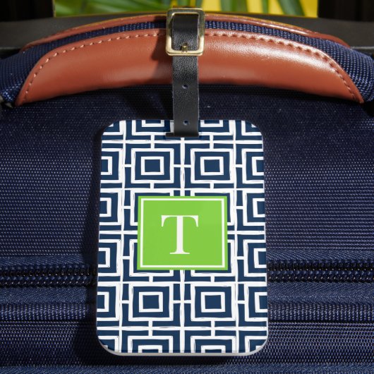 Preppy Square Lattice Monogram – Navy & Lime ラゲッジタグ (正面インサイチュ2)