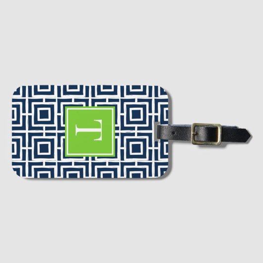 Preppy Square Lattice Monogram – Navy & Lime ラゲッジタグ (正面横)