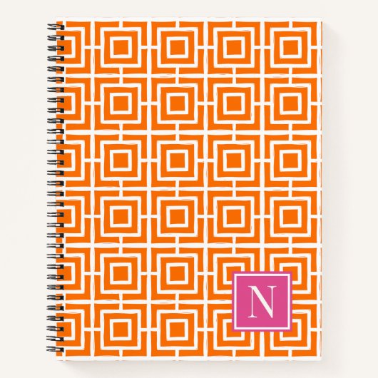 Preppy Square Lattice Monogram Orange Hot Pink ノートブック (正面)