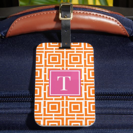 Preppy Square Lattice Monogram Orange & Hot Pink ラゲッジタグ (正面インサイチュ2)