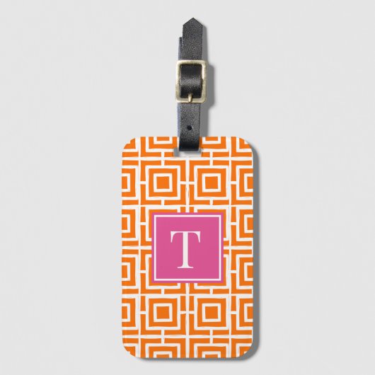Preppy Square Lattice Monogram Orange & Hot Pink ラゲッジタグ (正面縦)