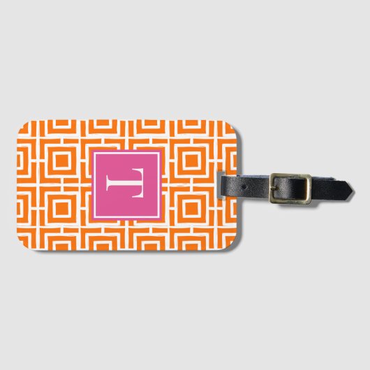 Preppy Square Lattice Monogram Orange & Hot Pink ラゲッジタグ (正面横)