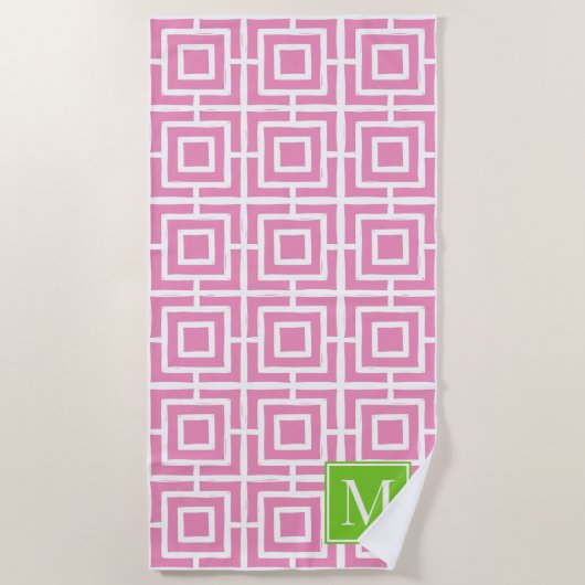Preppy Square Lattice Monogram – Pink & Lime ビーチタオル (正面)