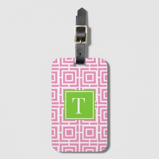 Preppy Square Lattice Monogram – Pink & Lime ラゲッジタグ (正面縦)