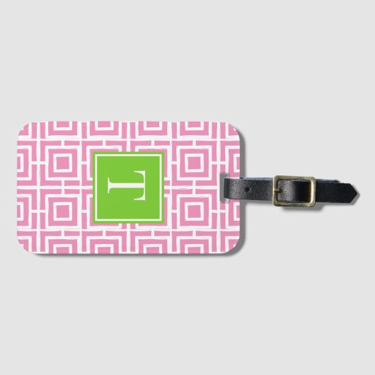 Preppy Square Lattice Monogram – Pink & Lime ラゲッジタグ (正面横)