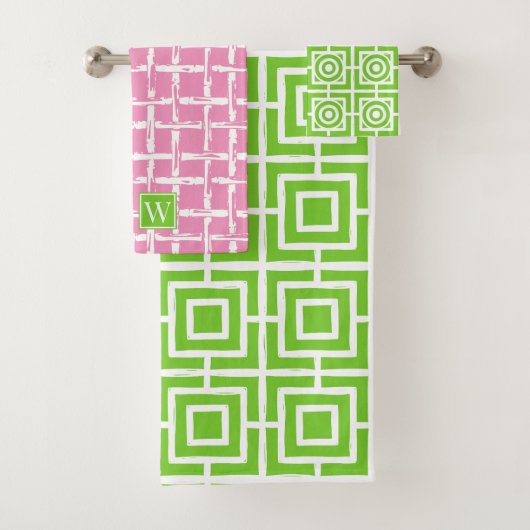 Preppy Square Lattice - Pink & Lime Green Monogram バスタオルセット (インサイチュ)