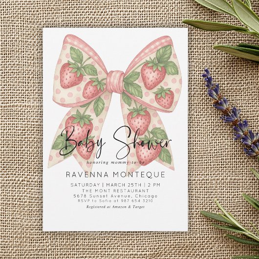 Preppy Strawberry Bow Personalized Baby Shower  招待状