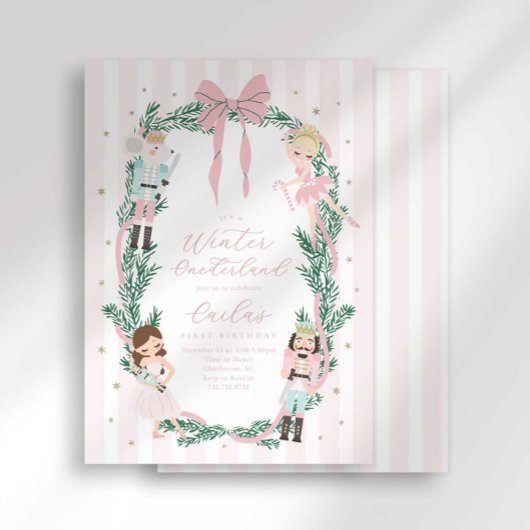Preppy Stripe Bow Nutcracker Ballet First Birthday 招待状