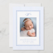 Preppy Stripe Monogram Photo Birth Announcement 案内状 (正面)