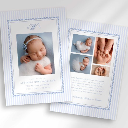 Preppy Stripe Monogram Photo Birth Announcement 案内状