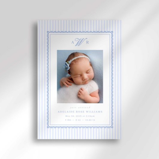 Preppy Stripe Monogram Photo Birth Announcement 案内状
