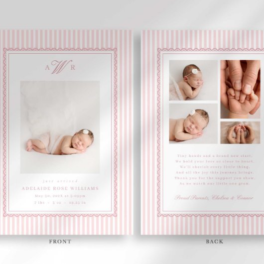 Preppy Stripe Monogram Photo Birth Announcement 案内状