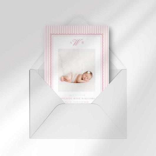 Preppy Stripe Monogram Photo Birth Announcement 案内状