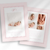 Preppy Stripe Monogram Photo Birth Announcement 案内状