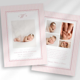 Preppy Stripe Monogram Photo Birth Announcement 案内状