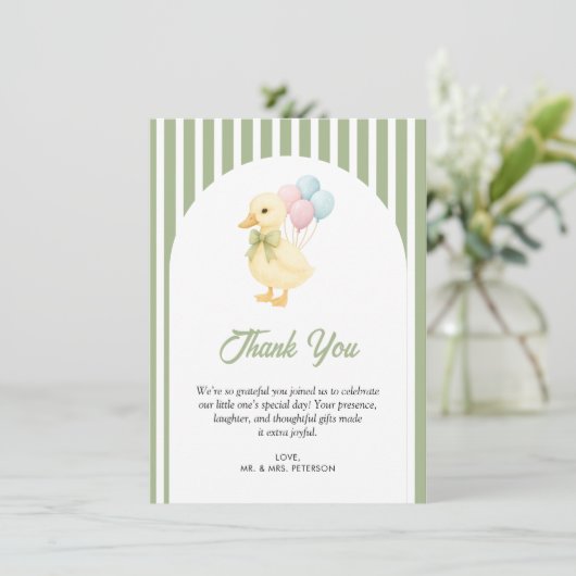 Preppy Stripes Cute Duck Theme Kids Birthday Party サンキューカード (スタンド正面)