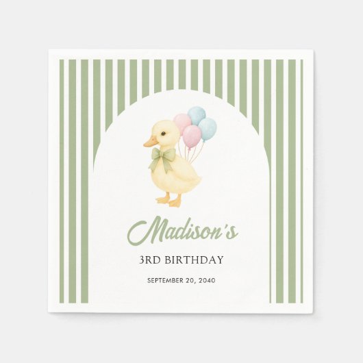 Preppy Stripes Cute Duck Theme Kids Birthday Party スタンダードカクテルナプキン (正面)