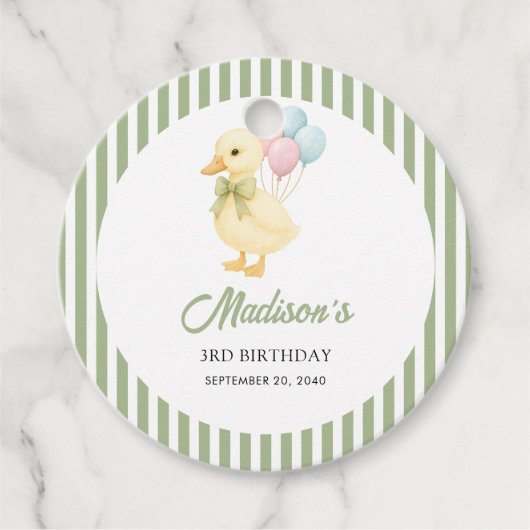 Preppy Stripes Cute Duck Theme Kids Birthday Party フェイバータグ (正面)