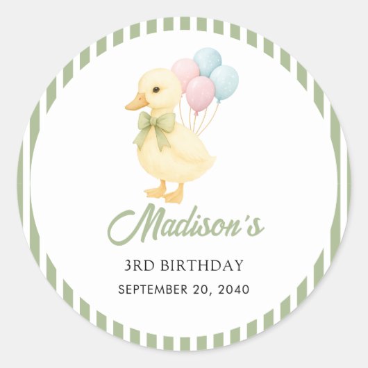 Preppy Stripes Cute Duck Theme Kids Birthday Party ラウンドシール (正面)