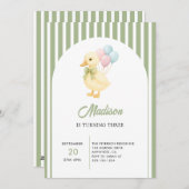 Preppy Stripes Cute Duck Theme Kids Birthday Party 招待状 (正面/裏面)
