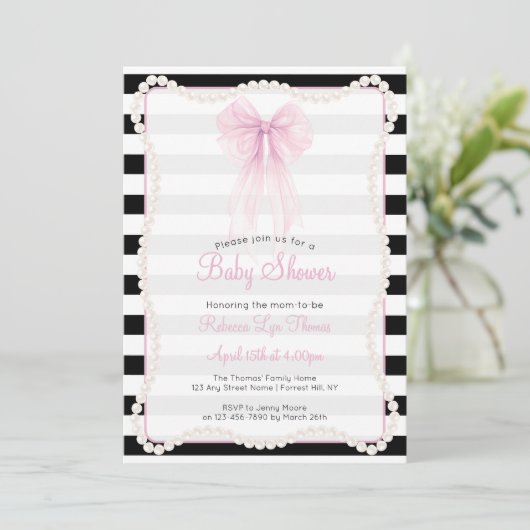 Preppy Stripes Pink Bow Pearls Baby Shower 招待状 (スタンド正面)