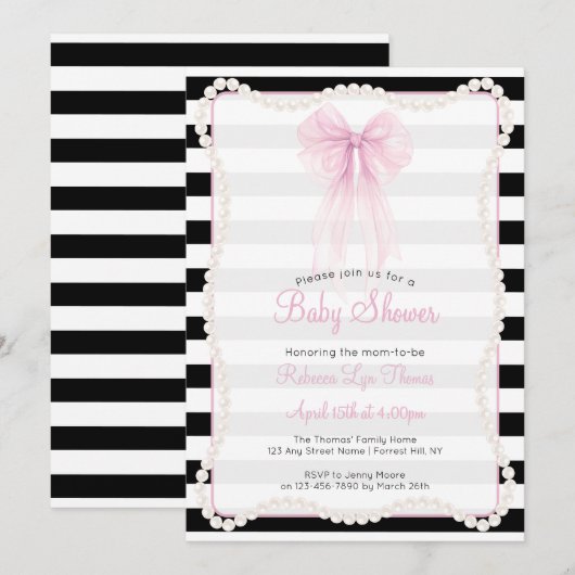 Preppy Stripes Pink Bow Pearls Baby Shower 招待状 (正面/裏面)