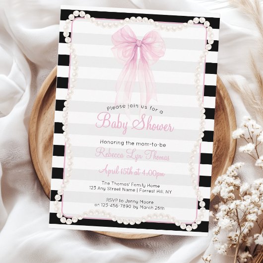 Preppy Stripes Pink Bow Pearls Baby Shower 招待状