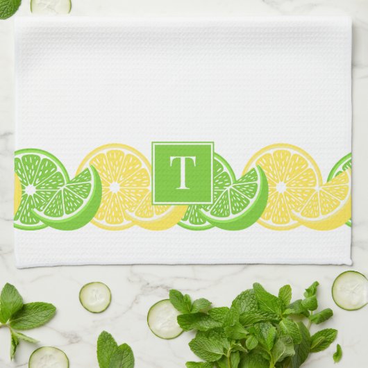 Preppy Summer Citrus Lemon Lime Slice Border キッチンタオル (折り畳み)