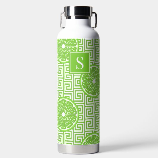Preppy Summer Citrus Lime on Lime Greek Key Stripe ウォーターボトル (正面)