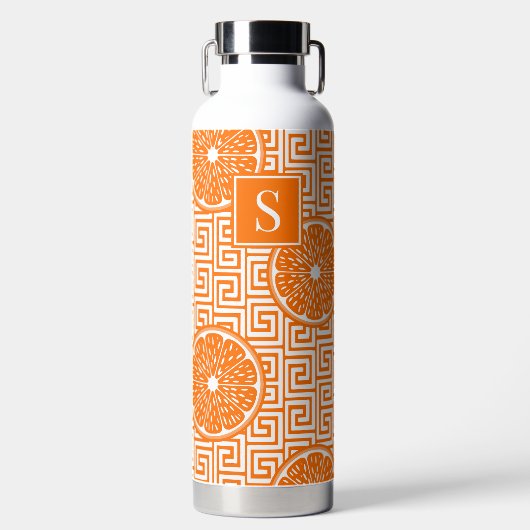 Preppy Summer Citrus Orange on Orange Greek Key  ウォーターボトル (正面)