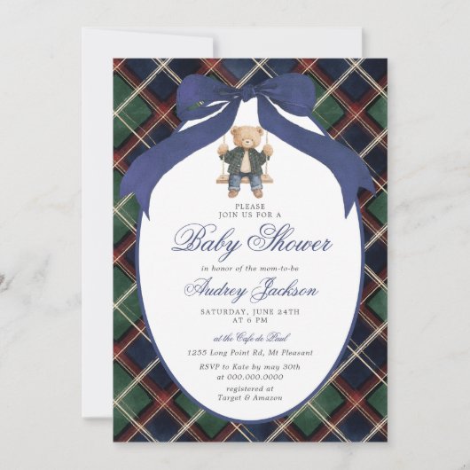 Preppy Tartan Plaid Ralph Polo Bear Baby Shower 招待状 (正面)