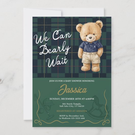Preppy Teddy Bear Baby Shower Invitation 招待状 (正面)