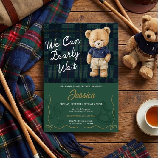 Preppy Teddy Bear Baby Shower Invitation 招待状