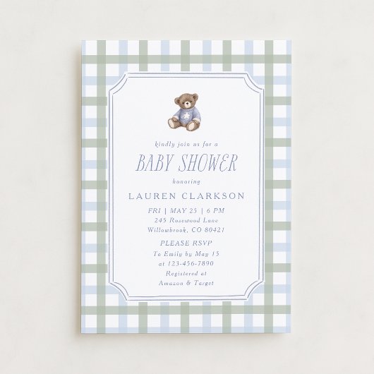 Preppy Teddy Bear Blue and Sage Plaid Baby Shower  招待状