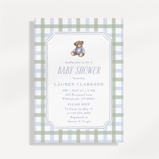 Preppy Teddy Bear Blue and Sage Plaid Baby Shower  招待状