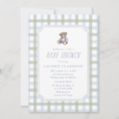 Preppy Teddy Bear Blue and Sage Plaid Baby Shower  招待状 (正面)